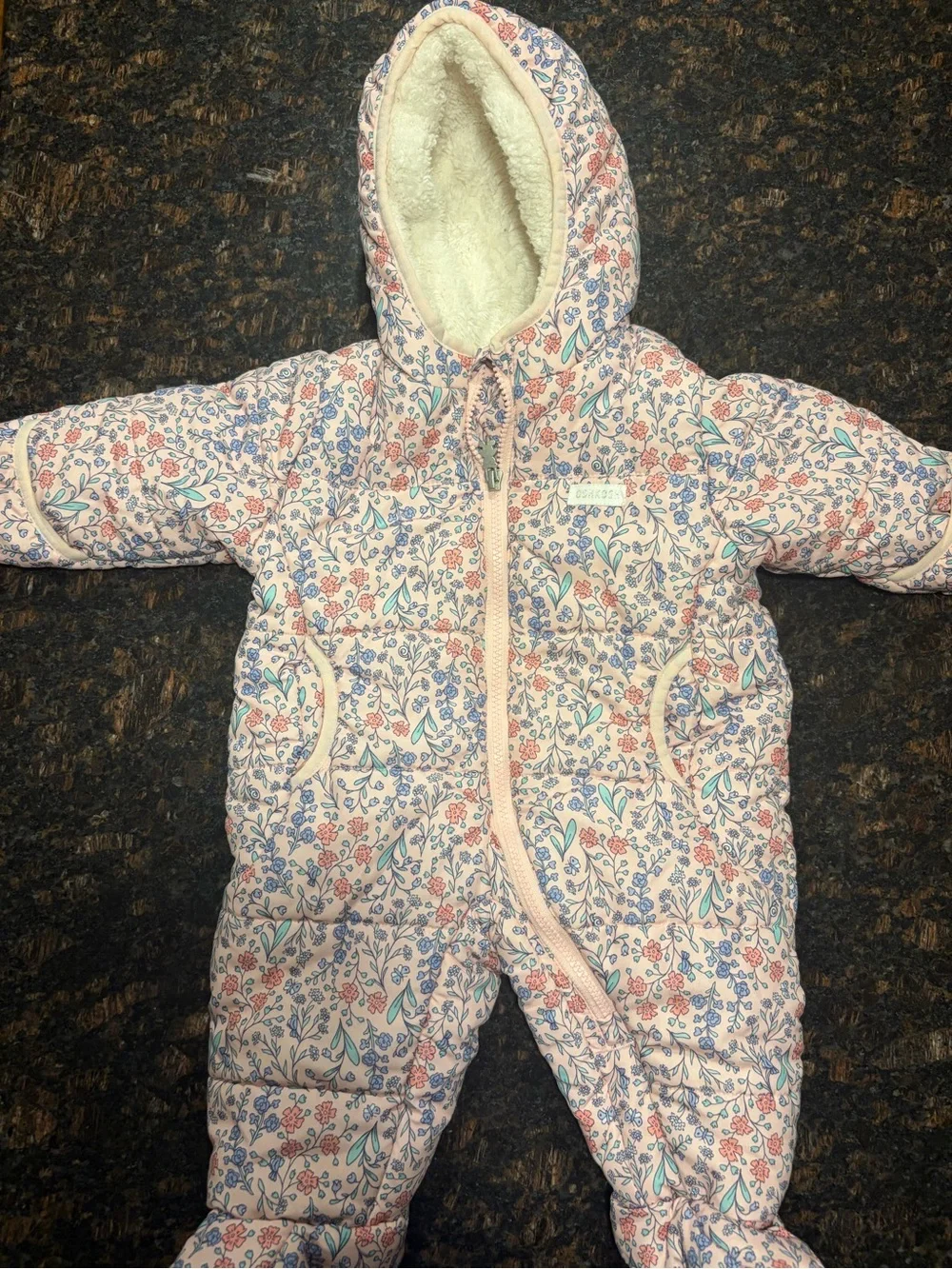 OshKosh B'gosh Pink Floral Puffer Snowsuit with Blue Accents 6-9M Months 2017